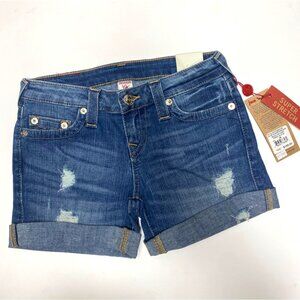size 26 NEW True Religion mid rise cut off denim shorts $159 super stretch‎ NWT
